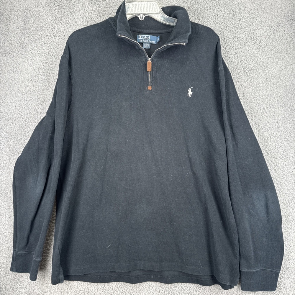 Polo Ralph Lauren Pullover Sweater Mens XL Black Solid 1/4 Zip Cotton Mock Neck